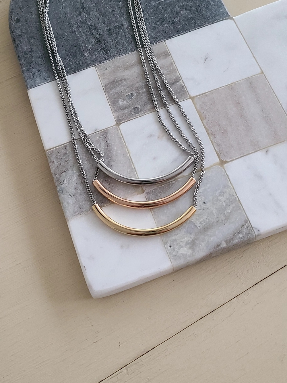 Fossil Three-Tone Curved Bar Layered Necklace - Silver, Rose Gold & Gold